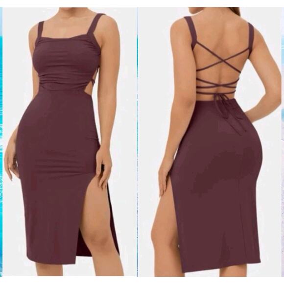 Halara NWT Ruched Lace Up Back Bodycon Midi Knit Dress Burgundy Medium - Picture 1 of 6